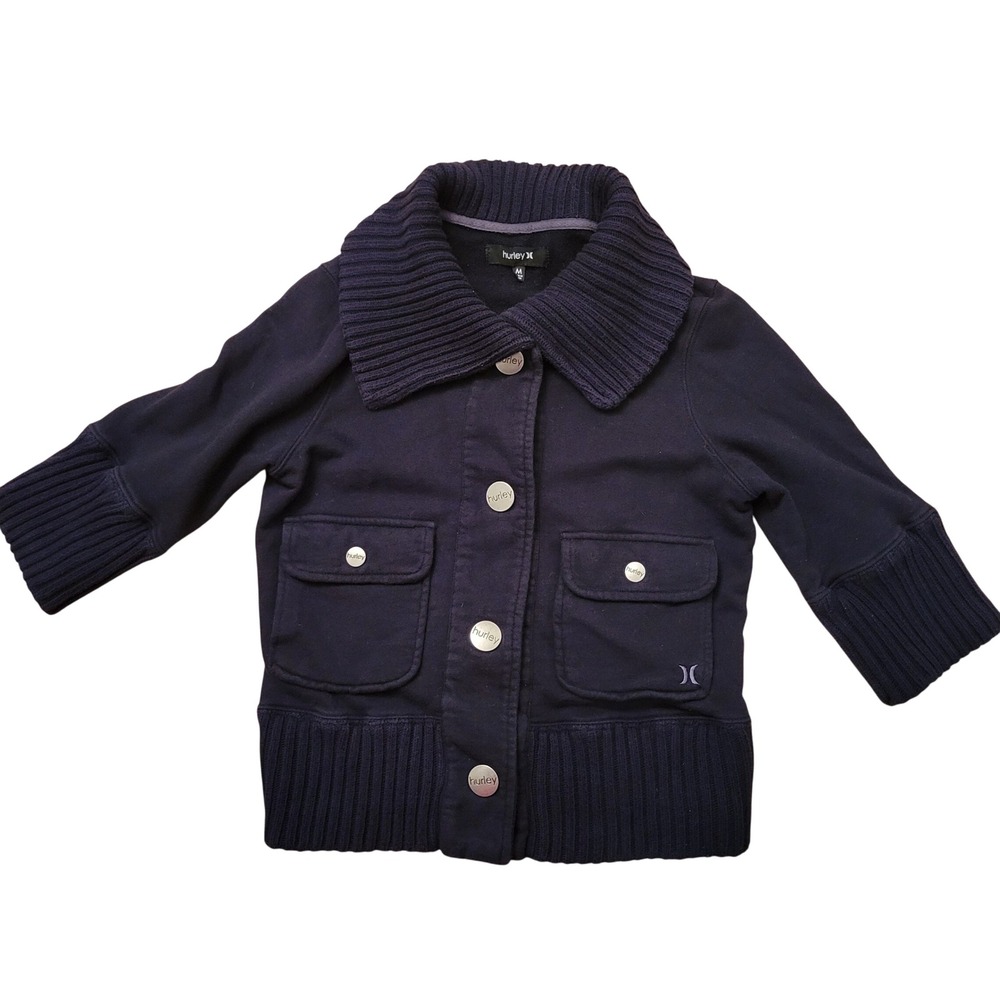 Hurley M Cardigan Sweater Short Jacket Black Ribbed Shawl Collar Utility Goth